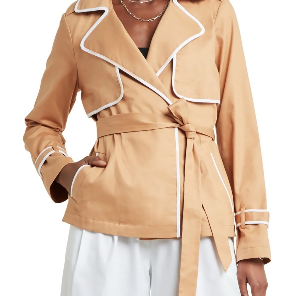 H by Halston Tan and White Trench Coat with Belted Design
